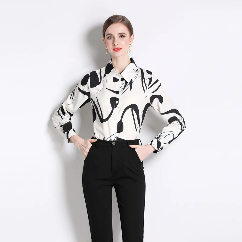 

Women Runway Shirts Fashion Elegant Turn Down Neck Flower Print Long Sleeve Blouse Shirt Ladies Workwear Office Tops M-XXL