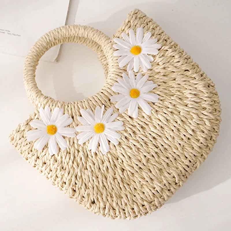 New Small Fresh Hand Carry Messenger Sticky Flower Straw Bag Mini Yuan Bucket Woven Bag Casual Women's Bag Beach Bag