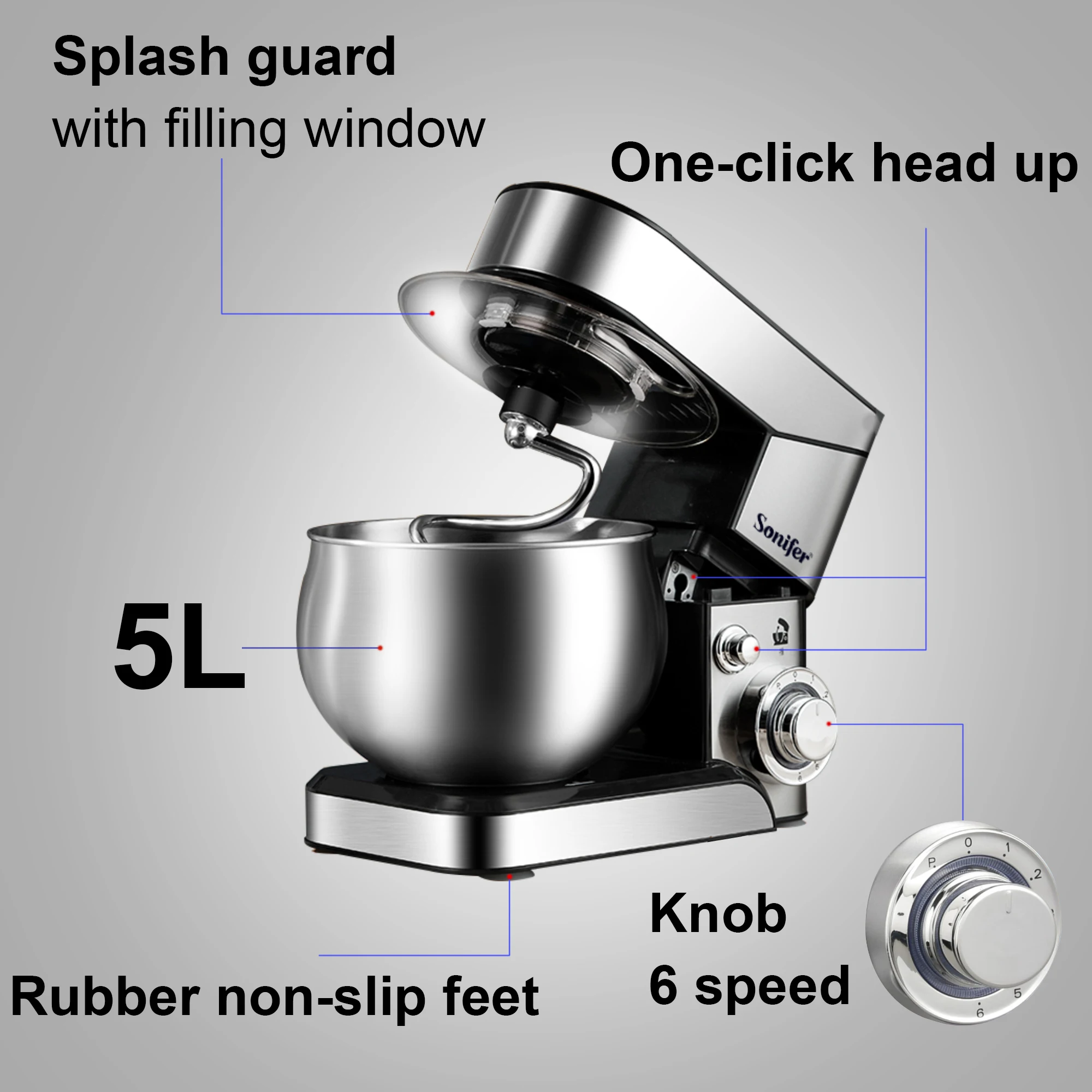 5L Stand Mixer Kitchen Aid Food Blender Cream Whisk Cake Dough Mixers With Bowl Stainless Steel Chef Machine Charm Sonifer 4