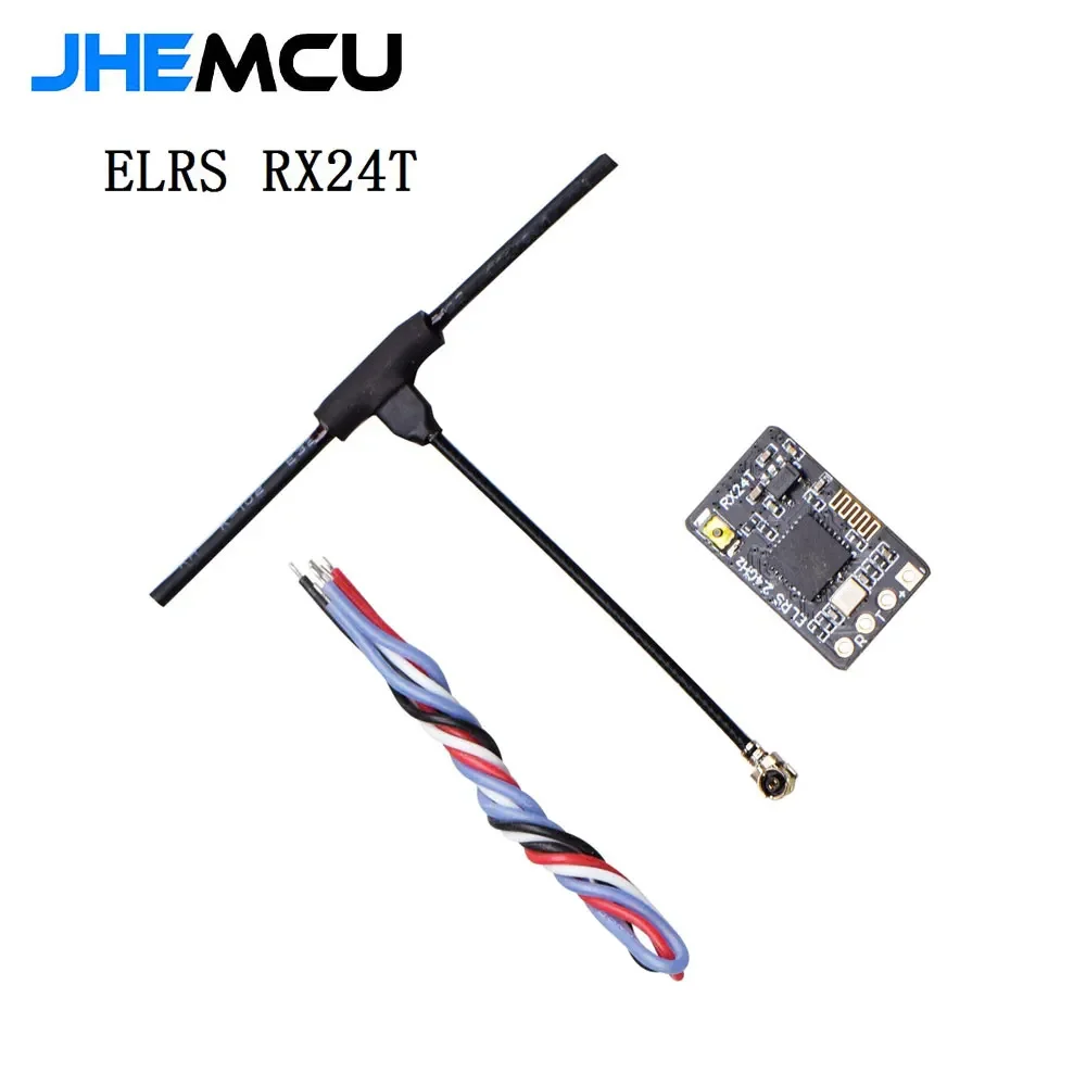 Vue rapprochée du JHEMCU ExpressLRS RX24T montrant les broches et le design compact.