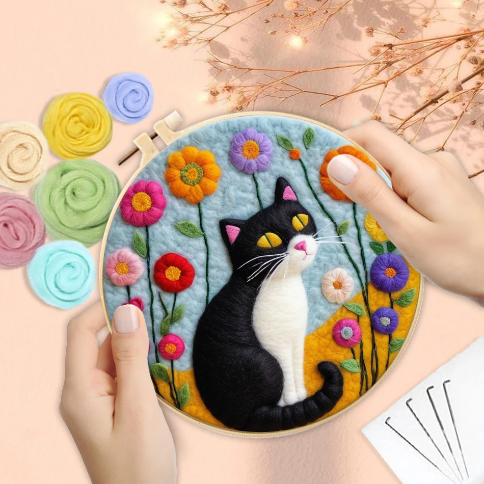CHENISTORY Diy Felt Kit Wool Felting Painting With Frame Animal Cat Wool Needle Felt Picture Kit Felt Craft New Gift 20x20cm