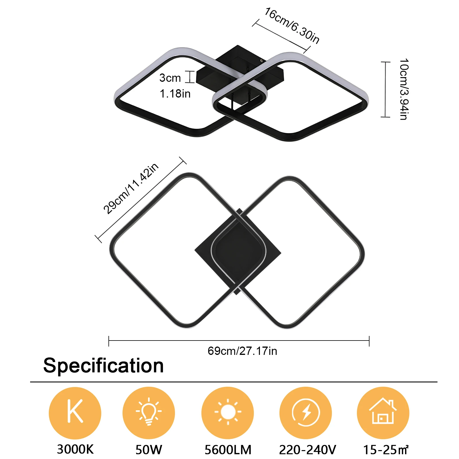 Modern Square LED Flush Ceiling Lamp 50W, Dimmable with Remote Controlled, 3000K-4500K-6500K Colour Changing Light for Lounge Dining Room Kitchen Bathroom Corridor