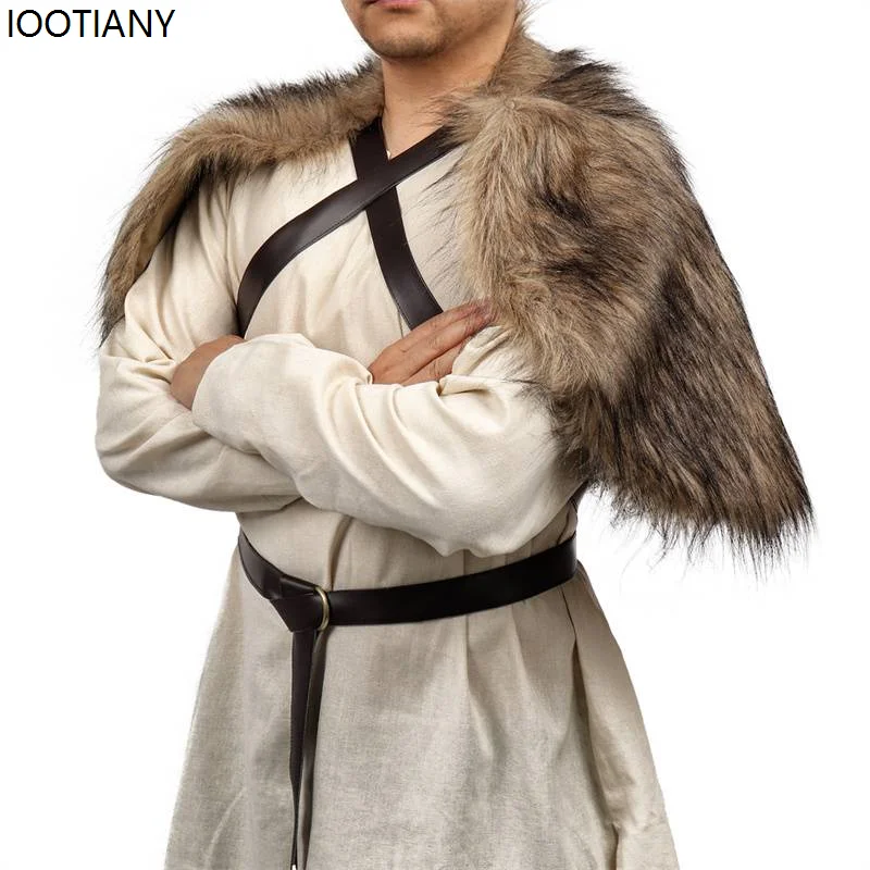 IOOTIANY Halloween Barbarian Cosplay Shoulder Cloak Chest Strap Medieval Men Viking Fur Cape Faux Fur Cape Scarf