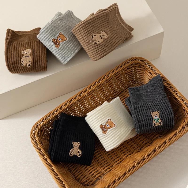 Cotton Knee High Socks for Kids Girls 1-8Y with Bear Embroidery