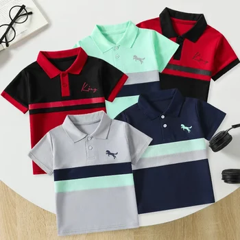 1/2/3 piece set of children's striped multi-color POLO short sleeved boy handsome casual lapel button top versatile sports T-shi 1