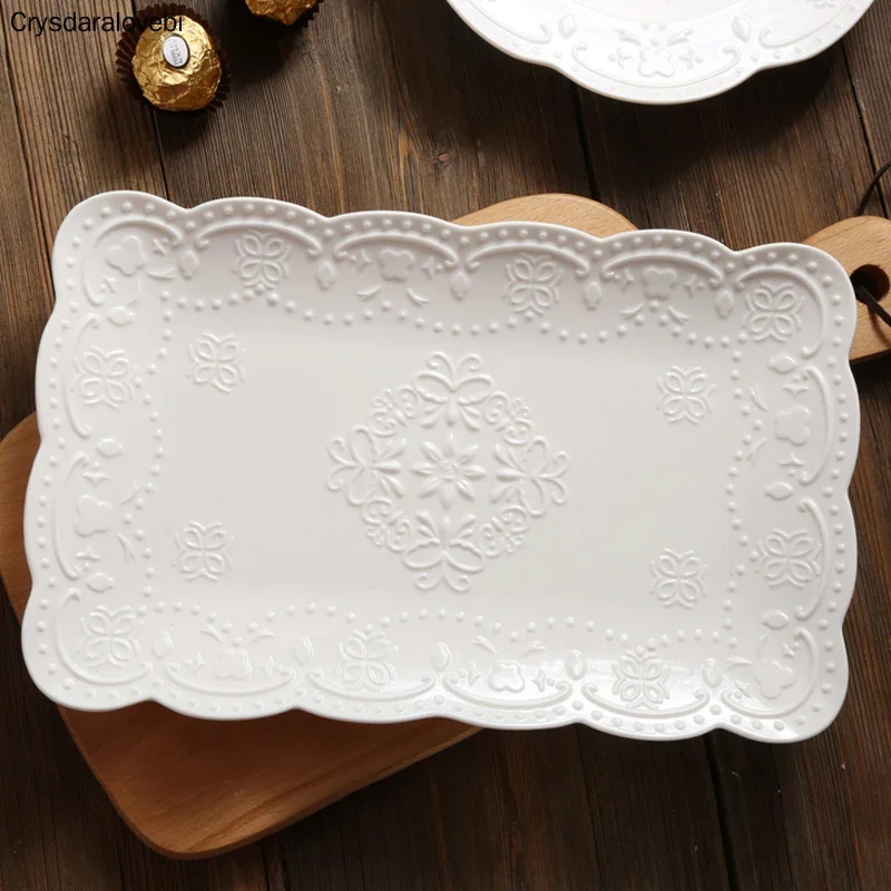 China Ceramic Square Plate Breakfast Dessert Dish Butterfly Plate Dish Afternoon Tea Fruit Tray Wedding European Embossed Home