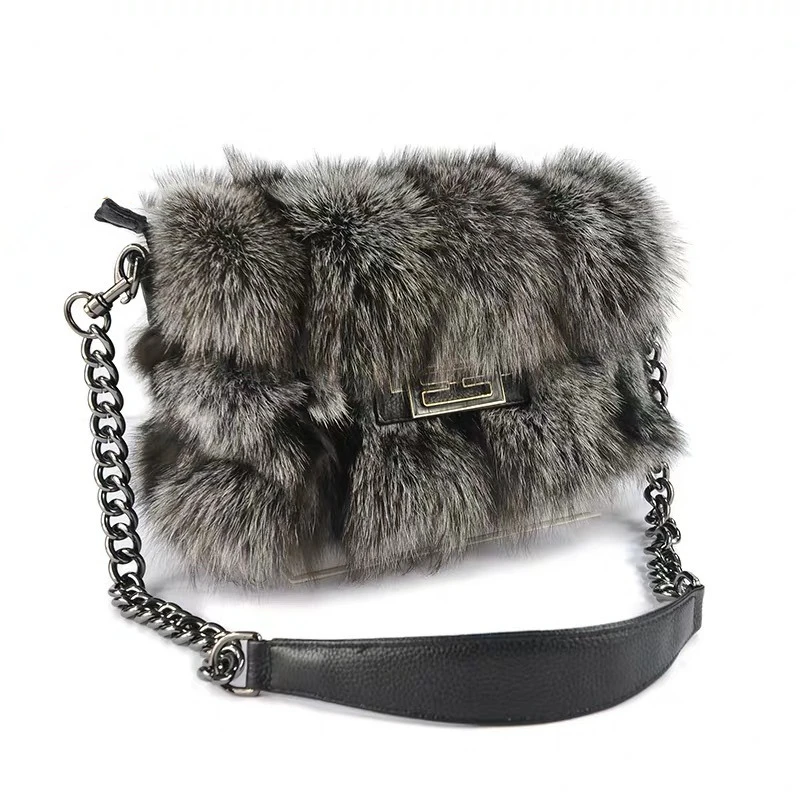 Women's New Fur Shoulder Bag Natural Fluffy Fox Fur Large Capacity Handbag Furry Fashion Luxury Crossbody Fur Bag