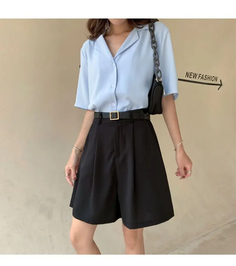 High Waist Straight Solid Blue Color Casual Suit Women's Shorts Clothing 2022 Summer Korean Style Shorts Woman Clothes dolphin shorts