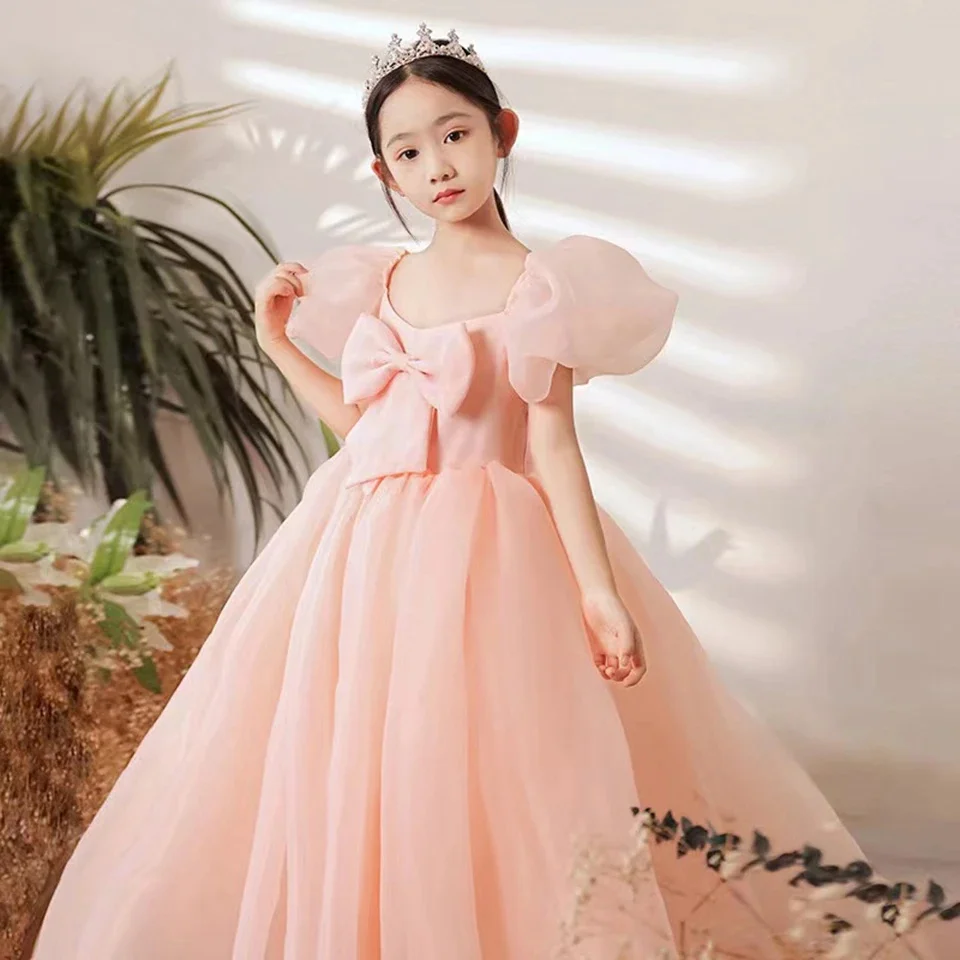 

Elegant Pink Tulle Flower Girl Dress Short Sleeve Ankle Length With Bow For Wedding Children's Gift Kids First Communion Dresses