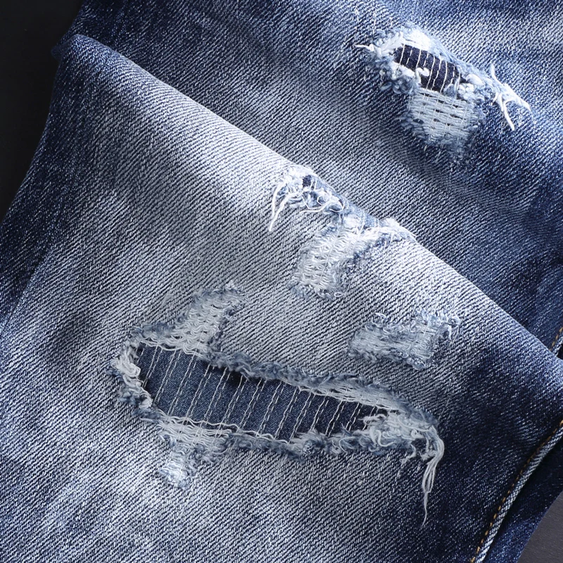 Streetwear Fashion Men Jeans Retro Blue Elastic Slim Fit Painted Ripped Jeans Men Embroidery Patched Hip Hop Brand Pants Hombre