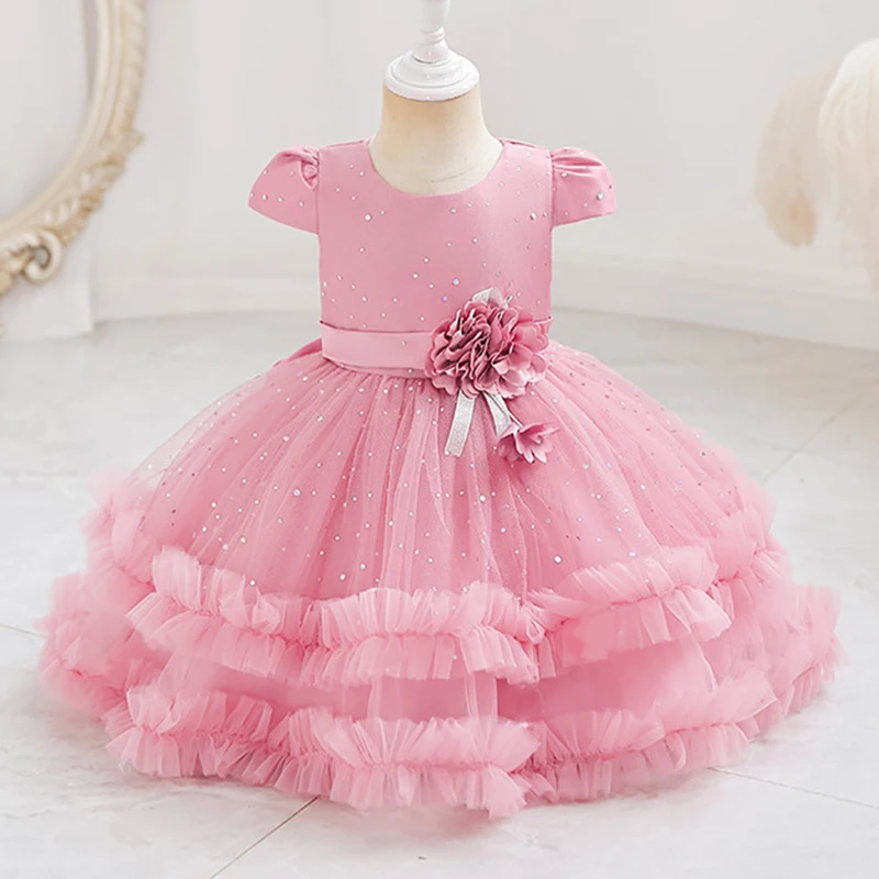 

New Sequin Flower Fluffy Skirt Dress 0-3 Year Old Girl Baby Piano Performance First Birthday Party Performance Princess Dress