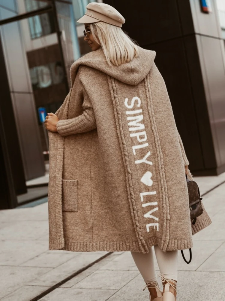 

Longline Hooded Cardigan Knit Sweater Women Letter Heart Spring Autumn Winter Maxi Soft Loose Coat Long Knitted Jacket Cardigan