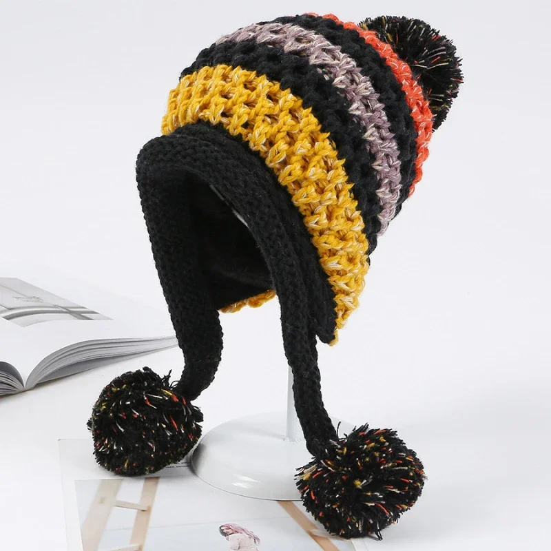 New Winter Knitted Hats Women Patchwork Pompon Balls Earflap Caps Ladies Warm Thick Winter Beanies Female Beanie Hat 6