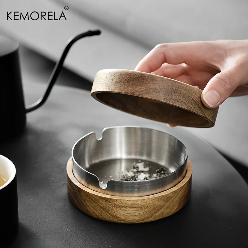 Acacia Wood Desktop Ashtray With Lid Stainless Steel Windproof Ash Tray For Bar Office Home Decoration Smoking Accessories stainless steel ashtray,metal ashtray,wood ashtray
