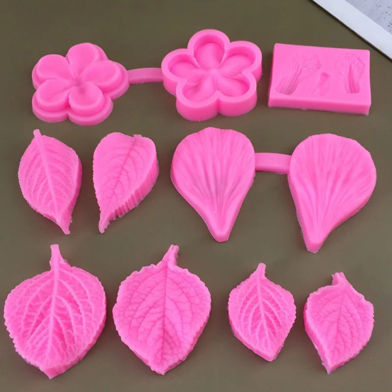 4 stampi in silicone a forma di rosa e foglie per pasta di