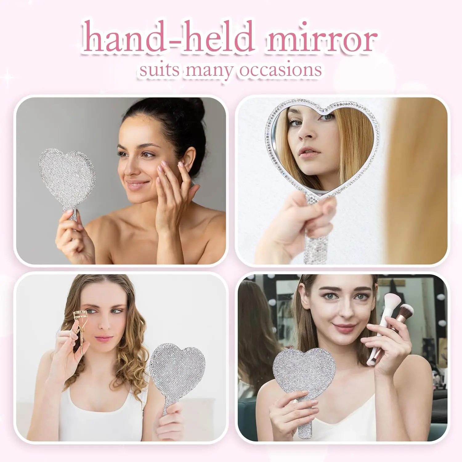 Diamond Handheld Makeup Mirror Love Heart Mirror Female Handle Makeup Cosmetic Beauty Tools Handheld Vanity Girls Make Up
