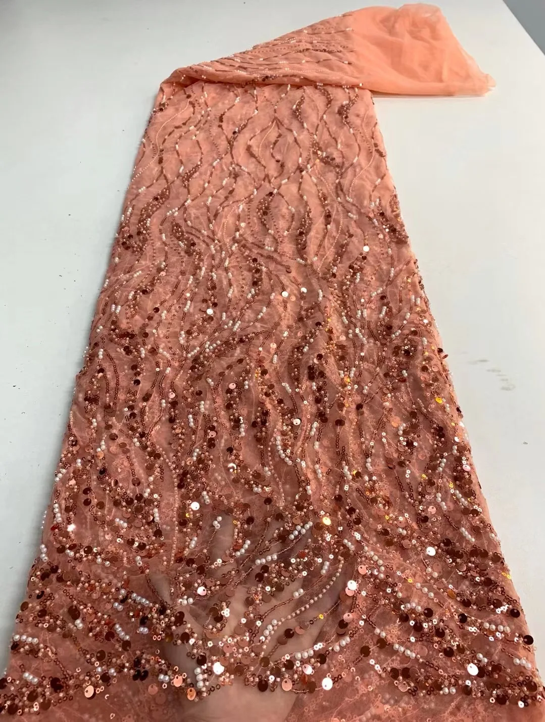 Latest Luxury Sequins Tulle Lace African Handmade Beaded Lace French 2022 High Quality Fabric Nigeria Bride Wedding Dress Sew