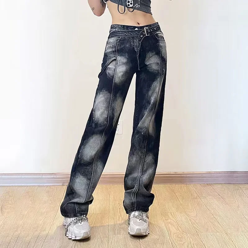 

Metal Belt Leaky Waist Hollow Out Design Tie-Dye Straight Jeans Women's Design High Street Versatile Baggy Pants Femme