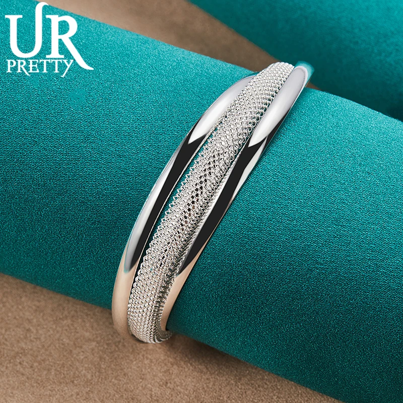 URPRETTY 925 Sterling Silver Large Network Adjustable Bangle Bracelet For Women Wedding Engagement Party Jewelry