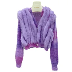 Women Real Fox Fur Oversize Loose Spring Fox Fur Strip Sewed Together Outside Decoration Lady's Fashion Sweater Coat