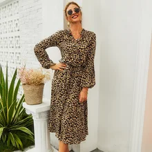 

2022 Spring New Leopard Print Dresses Women Sexy V Neck Long Sleeve Casual Mid Length Dress Female 4 Color Long Dress