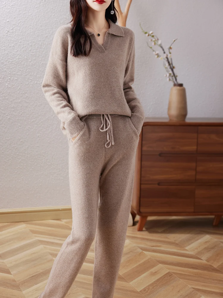 

SZDYQH Fashion Suit 2024 Autumn Winter 100% Wool Knitted Sweater Women Tops And Pencil Pants Two-Piece Female Solid Color Suits