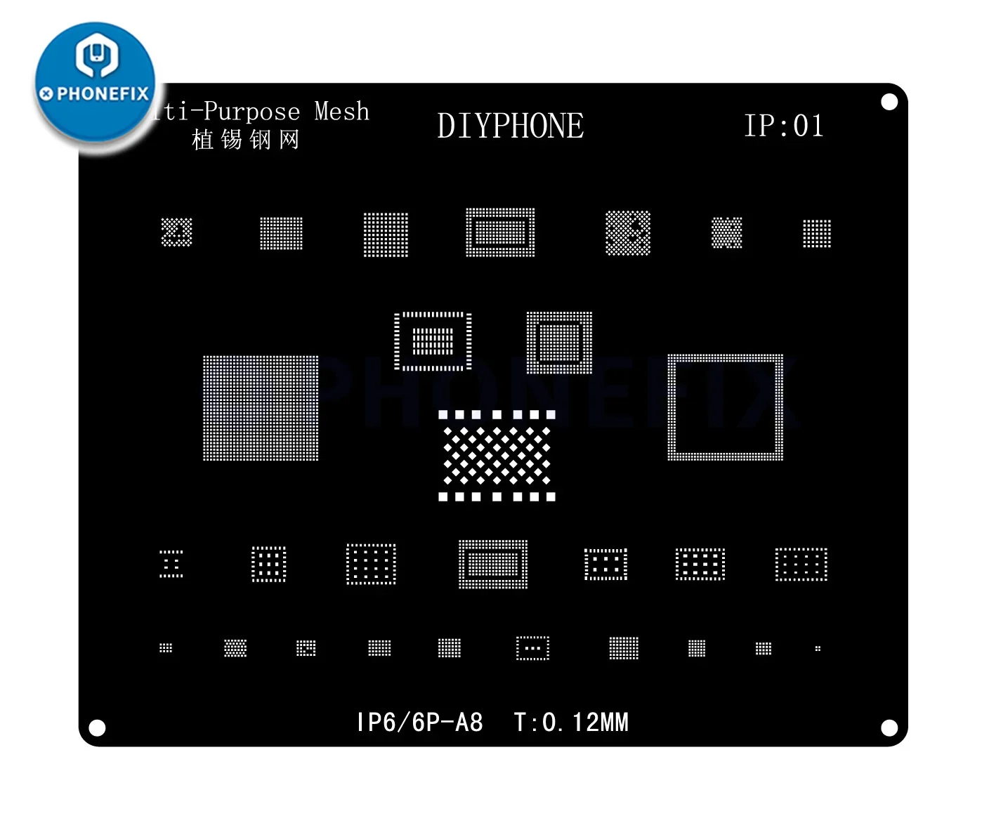 DIYPHONE BGA 리볼링 스텐실 키트, 아이폰 16, 15, 14, 13, 11, 12 프로 맥스, X, XR, 8P, 8, 7P, 6, 블랙 스틸, CPU IC 칩, 주석 납땜 네트