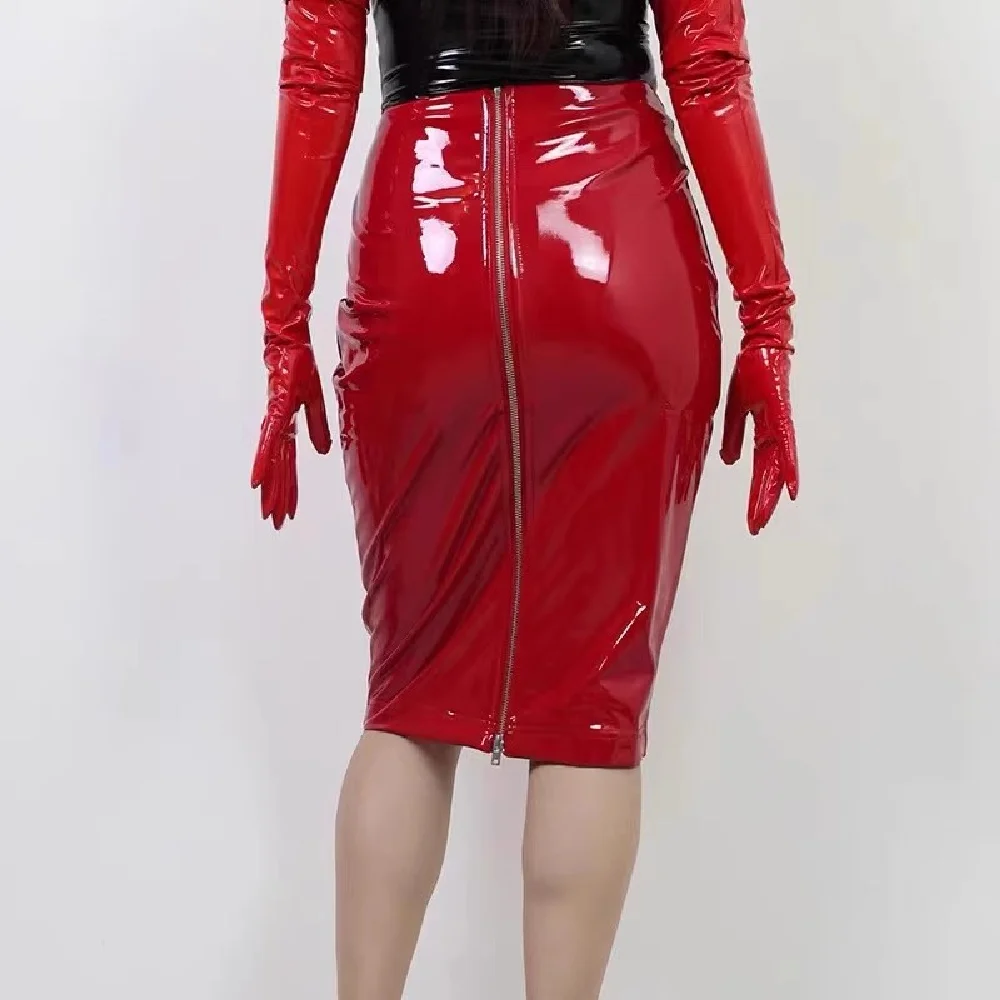 חצאית עיפרון בהיר עור פטנט שחור עלייה גבוהה מפוצלת ziplex pu נשים אופנה סקסית אורך חצאיות נשים מועדון מסיבה