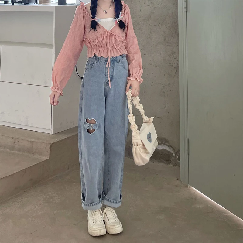 Sweet Love Ripped Blue Jeans for Women 2023 Autumn New Cute Loose High Waist Slimming Wide-Leg Denim Straight Pants Female
