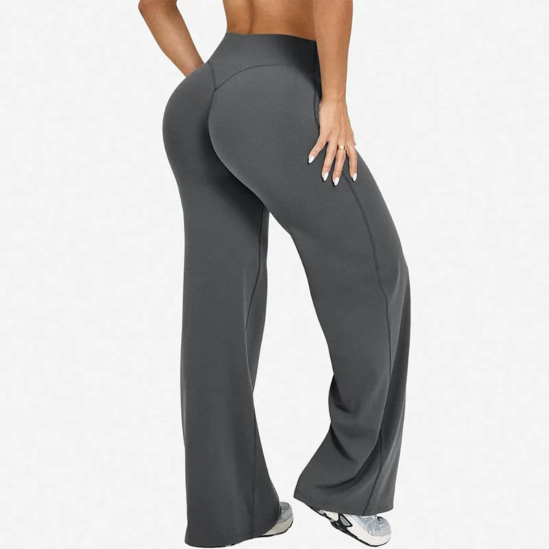 Hochwertige Yoga-Hose mit weitem Bein für Damen, hohe Taille, dehnbare Lauf-, Fitness- und Pilates-Leggings, einfarbig, lockere Sport-Leggings – Detail 7