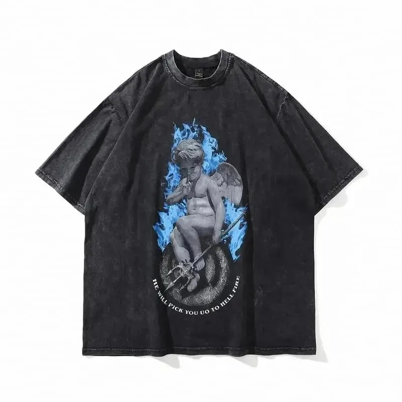 Summer Men Vintage Washed T-Shirts Anime Gothic Streetwear Punk  
