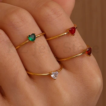 2025 Birth Colorful Cubic Zircon Heart Opening Rings For Women Fashion Dainty Stainless Steel Princess Ring Jewelry Wedding Gift 1