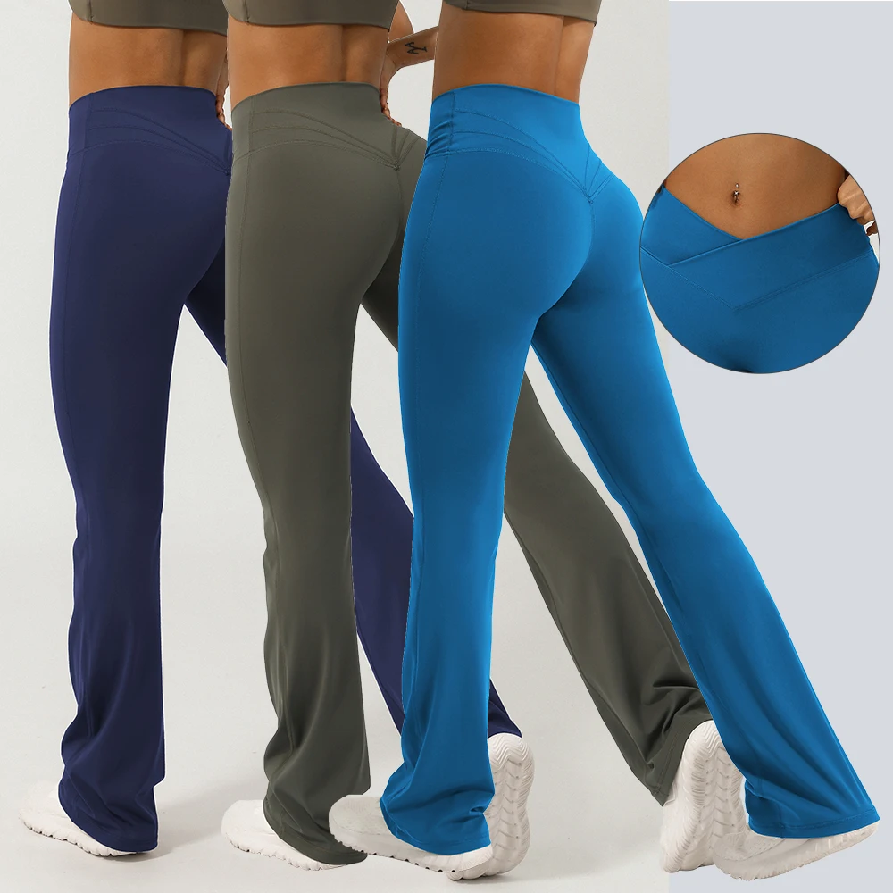 V-Cross Fitness Flare Pants Lifting Buttocks Cross Waist Yoga Sport Leggings Gym Outdoor Acticewear Workout Wide-Leg Pants 5