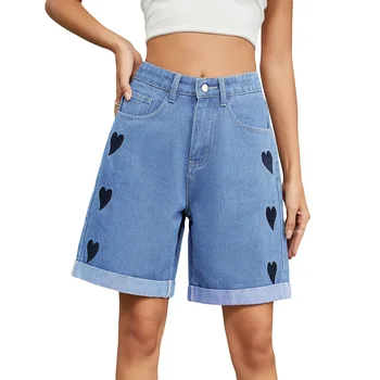 شورت جينز بنقشة قلب وخصر مرتفع فضفاض 1