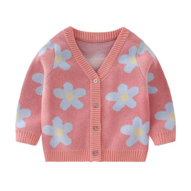 

2022 Autumn New Girls' Sweater Knitted Cardigan Coat Warm V-neck Flower Bottoming Shirt Sweater 6 Months To 48 Months