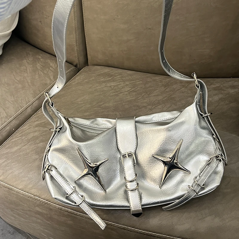 Xiuya Silver Y2k Womens Shoulder Bag Vintage Leather Original Fashion Casual Handbag Hot Girls Designer Advanced Crossbody Bag