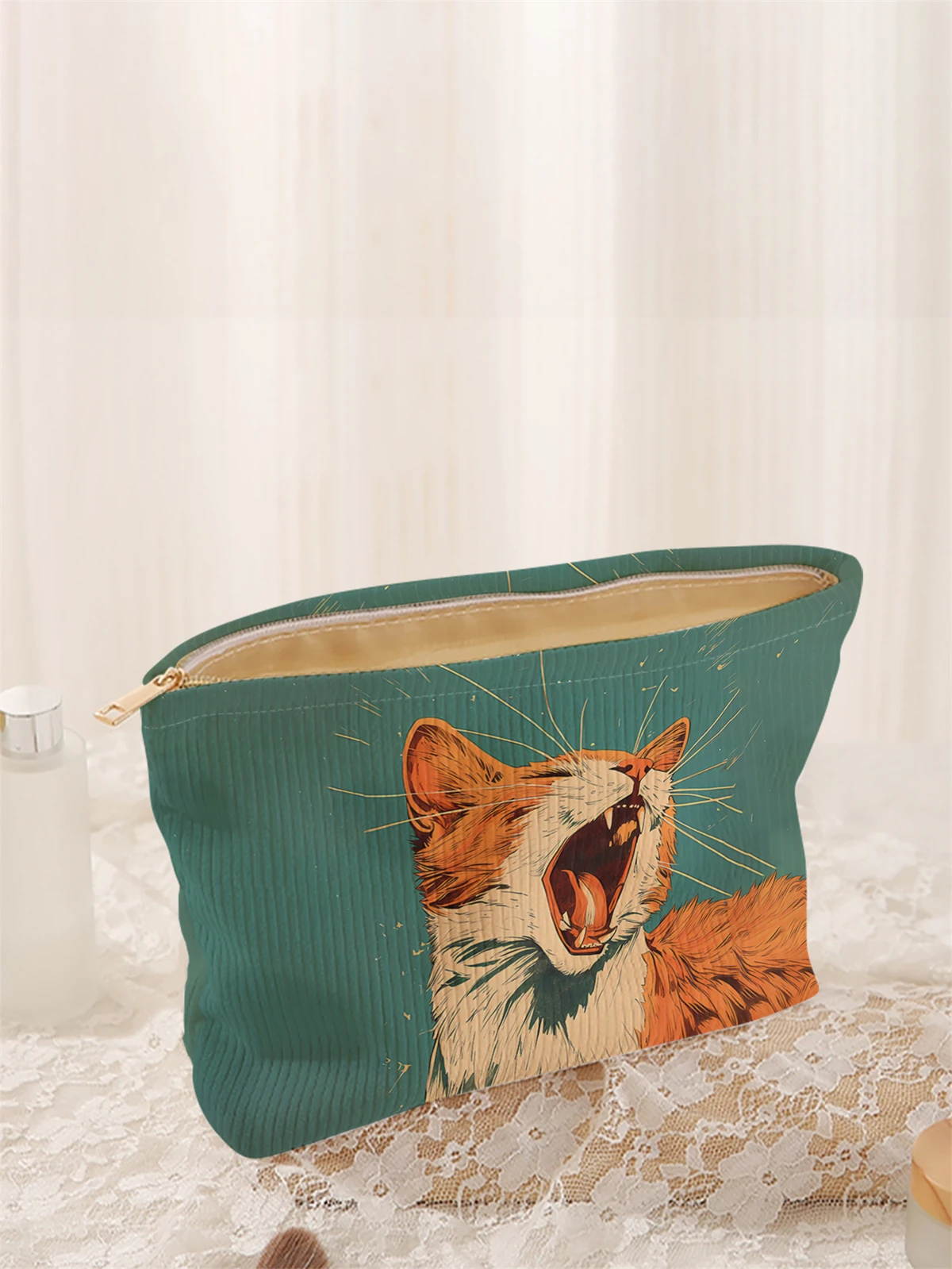1 cat patterned corduroy makeup bag, lightweight zipper makeup storage box, multifunctional bag with lining