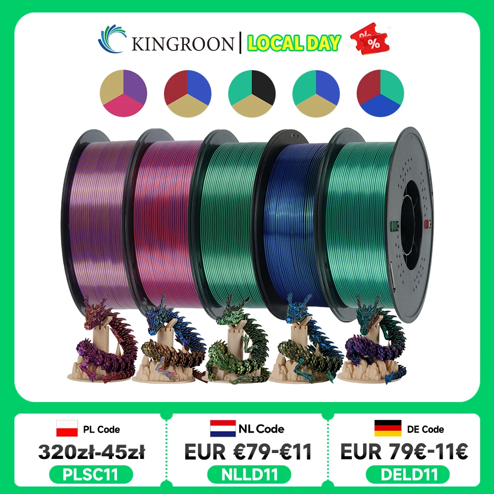 KINGROON 5KG Silk Tricolor PLA Filament 1.75mm, Three-colour Coextrusion 3D Printing Material, New Color Change, 5Roll 1kg/Spool