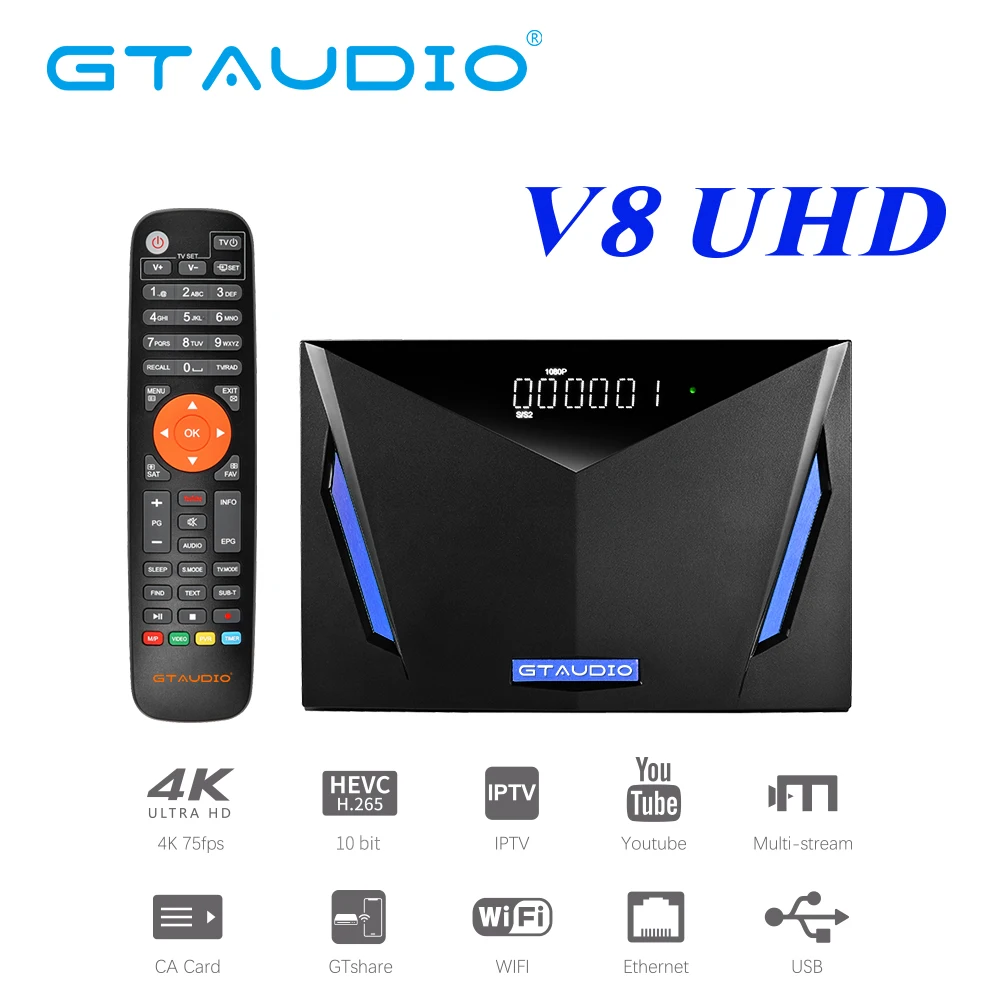 New V8 UHD GT-AUDIO DVB-S2/S2X T2 Cable H.265 4K Ultra HD Built in