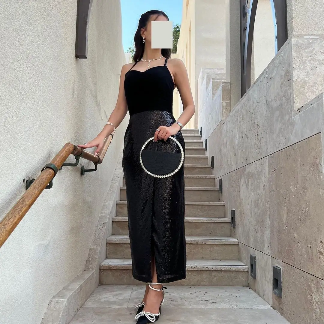 

Saudi Arabia Black Sequins Prom Dresses Sweetheart Ankle Length Evening Dress Fashion Women Wear Wedding Party Gowns