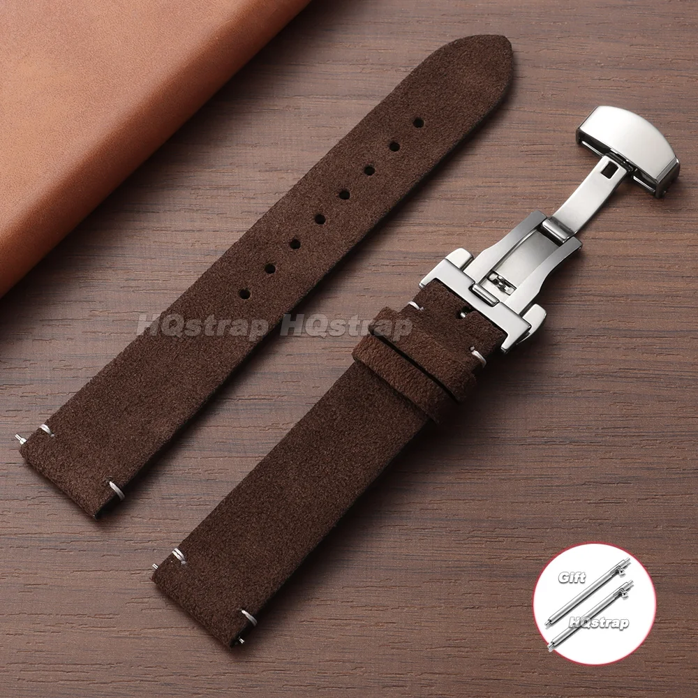 Vintage Suede Leather Watch Strap with Butterfly Buckle