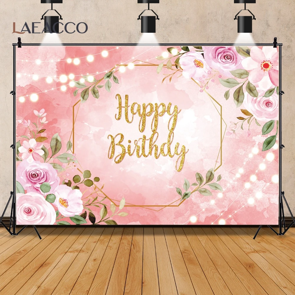 Laeacco Vinyl Happy Birthday Backdrop For Photography Gold Frame Pink Pampas Grass Flowers Baby Shower Photo Background photo backdrop