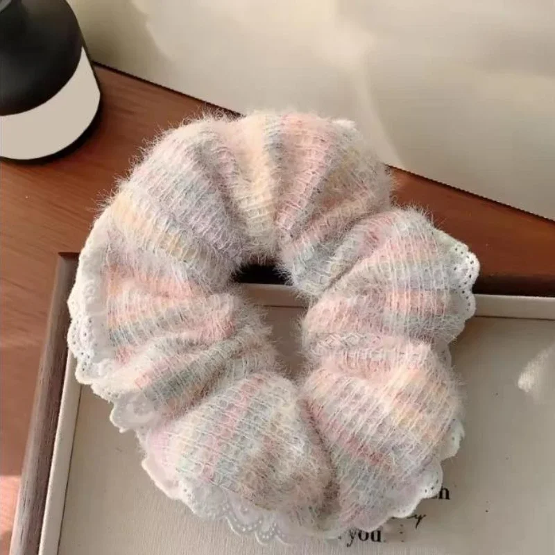 Fashionable Lace Large Iintestine Hair Ropes Colorful Wool Knitted Hair Tie High Elastic Rubber Band Women's Hair Accessories