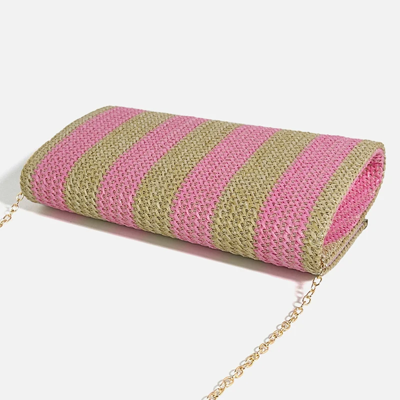 Fashion Pink Striped Clutch Bag for Women PP Straw Chains Shoulder Crossbody Bag Summer Beach Bags Small Party Purses 2024