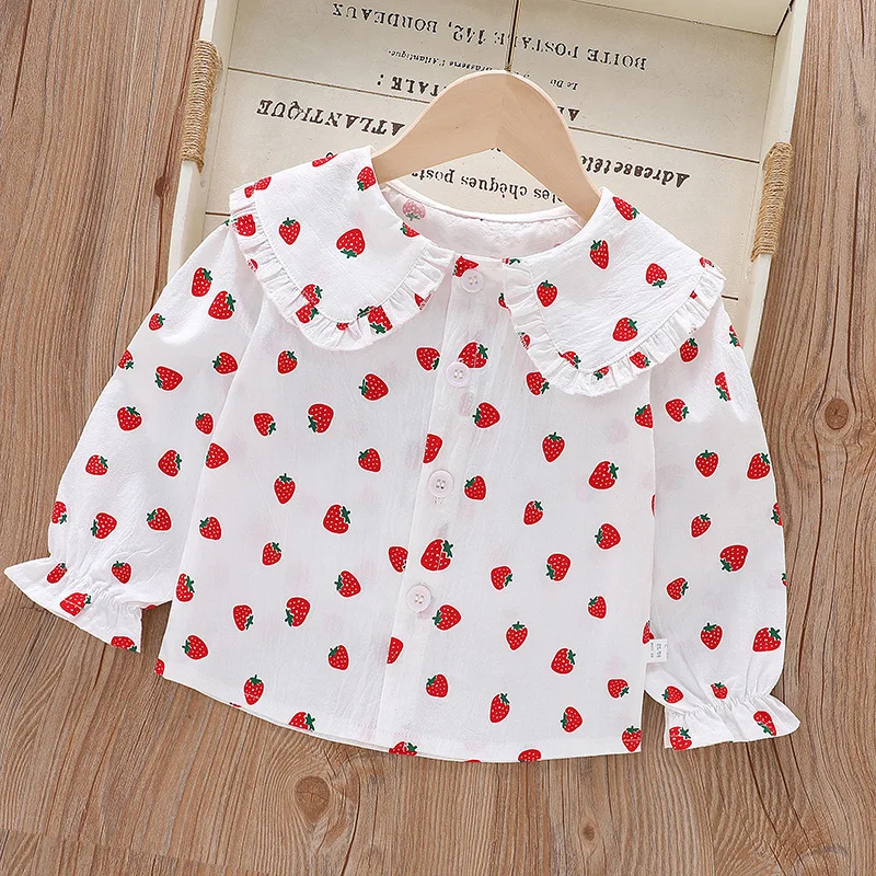 Girls' Shirt New Long Sleeve Turn Down Collar Strawberry Cherry Top Fashion Spring Autumn Children Blouse 2-6 Y