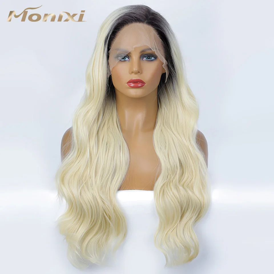 

MONIXI Synthetic Lace Front Wigs for Women Long Wavy Ombre Blonde13*4 Lace Wig for Daily And Cosplay Heat Resistance Fiber Hair