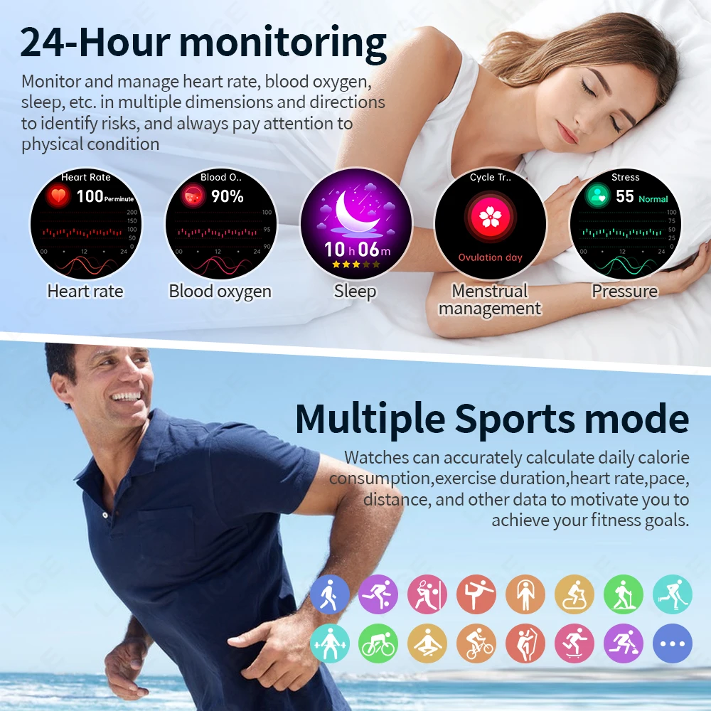 LIGE 2025 ECG Smart Watch Men 1.73” AMOLED Screen Emotional Detection Fatigue Monitoring Watches NFC Access Control Smartwatch 3