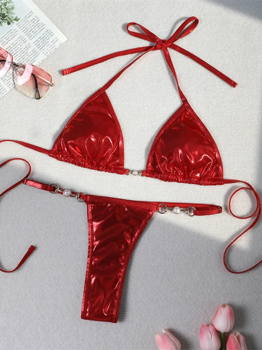 

Блестящие розовые комплекты бикини 2024, Женские сексуальные стринги пуш-ап с искусственным жемчугом, Купальник микро, летний купальный костюм, бандажный праздничный купальник