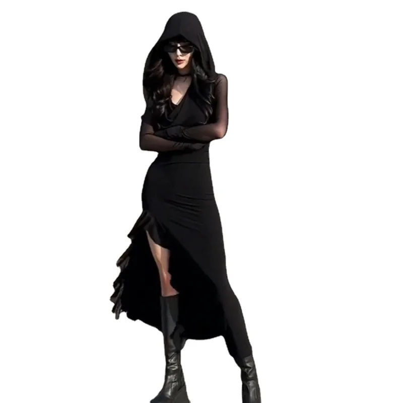 

Designer Original Wasteland Style Women's Clothes Hooded Long Sleeve Irregular Split Tight Slimming Sexy Dress Summer Vintage