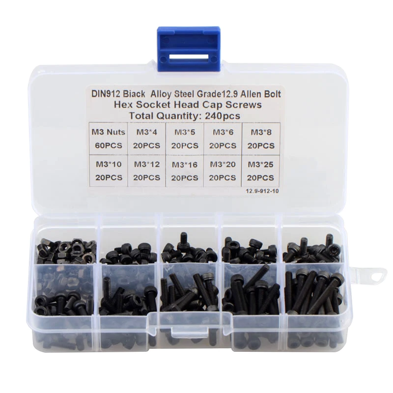 240pcs M3 검정색 고강도 육각형 육각 소켓 캡 헤드 나사 키트 너트 조합 세트가있는 12.9 등급 탄소강 알렌 나사